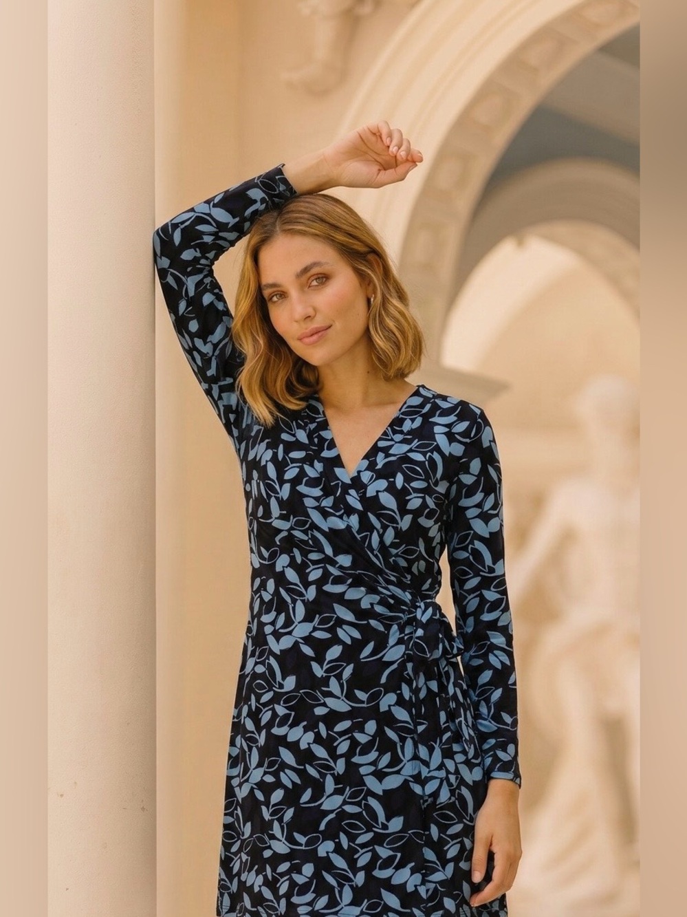 BCBGMaxAzria Navy Wrap Dress with Light Blue Leaf Print
